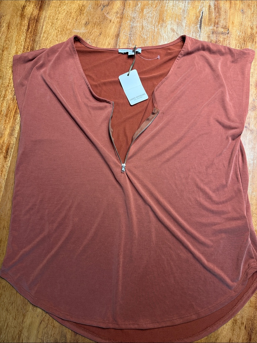 Green Envelope Rust Zip-Front Short Sleeve Tee